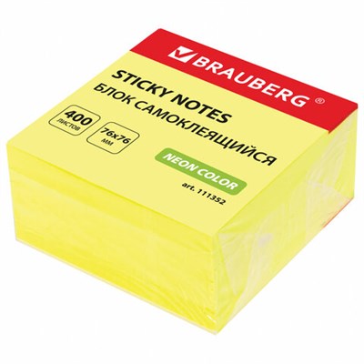 Блок самоклеящийся (стикеры) BRAUBERG НЕОНОВЫЙ 76х76 мм, 400 листов, желтый, 111352 - фото 49127613