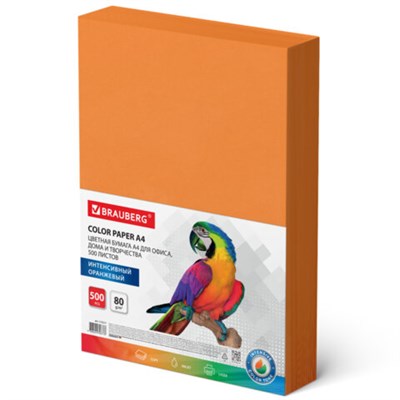 Бумага цветная BRAUBERG, А4, 80 г/м2, 500 л., интенсив, оранжевая, для офисной техники, 115217 - фото 49128684