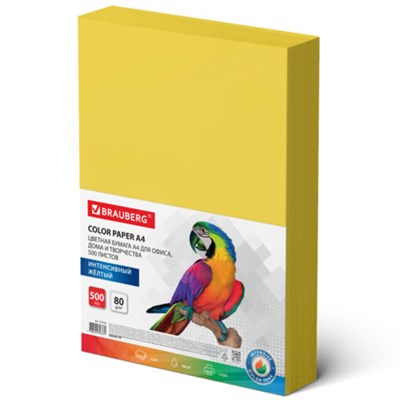 Бумага цветная BRAUBERG, А4, 80 г/м2, 500 л., интенсив, желтая, для офисной техники, 115216 - фото 49128732