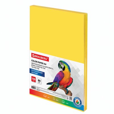Бумага цветная BRAUBERG, А4, 80 г/м2, 100 л., интенсив, желтая, для офисной техники, 112450 - фото 49128756