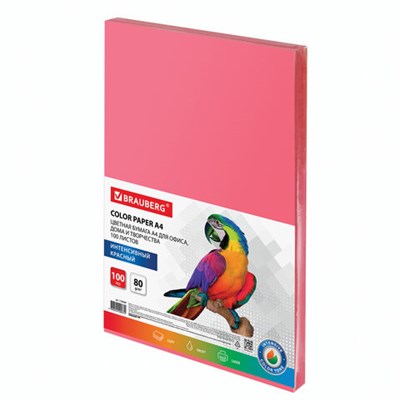Бумага цветная BRAUBERG, А4, 80 г/м2, 100 л., интенсив, красная, для офисной техники, 112449 - фото 49128821