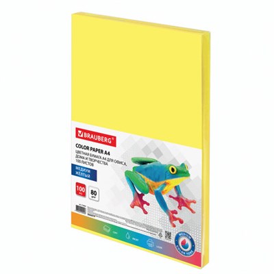 Бумага цветная BRAUBERG, А4, 80 г/м2, 100 л., медиум, желтая, для офисной техники, 112454 - фото 49128828