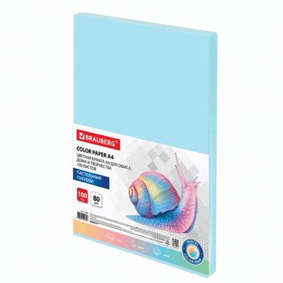 Бумага цветная BRAUBERG, А4, 80 г/м2, 100 л., пастель, голубая, для офисной техники, 112445 - фото 49128841