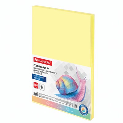 Бумага цветная BRAUBERG, А4, 80 г/м2, 100 л., пастель, желтая, для офисной техники, 112446 - фото 49128856