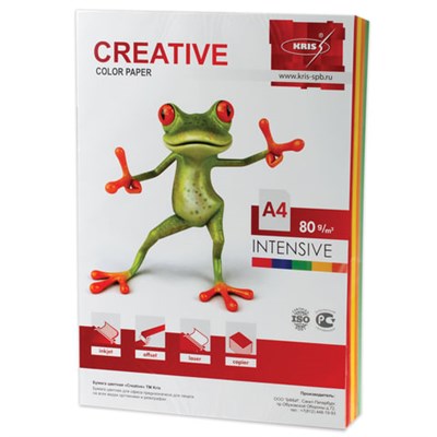 Бумага цветная CREATIVE color, А4, 80 г/м2, 100 л., (5 цветов х 20 л.), микс интенсив, БИpr-100r 110504 - фото 49128953