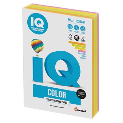 Бумага цветная IQ color, А4, 80 г/м2, 200 л., (4 цвета x 50 листов), микс неон, RB04 110690 - фото 49128982