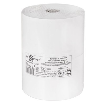 Чековая лента ТЕРМОБУМАГА 80 мм (диаметр 120 мм, длина 150 м, втулка 26 мм), слой наружу, КОМПЛЕКТ 2 шт., AKZENT, 52366 110883