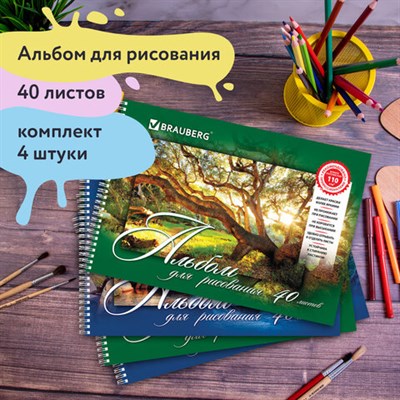 Альбомы для рисования ДЭК А4, 40 л., КОМПЛЕКТ 4 шт., гребень, обложка картон, BRAUBERG, 205х290 мм, "Природа" (2 вида), 880035 880035 - фото 49132780