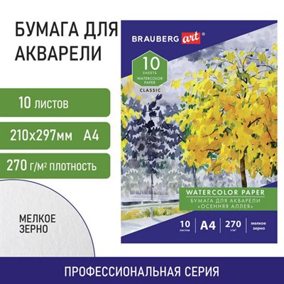 Папка для акварели А4, 10 л., 270 г/м2, мелкое зерно, BRAUBERG ART CLASSIC, "Осенняя аллея", 114397 114397 - фото 49133500