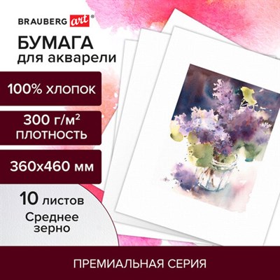 Бумага для акварели ХЛОПОК 100%, 300 г/м2, 360x460 мм, среднее зерно, 10 листов, BRAUBERG ART "PREMIERE", 113226 113226 - фото 49134221