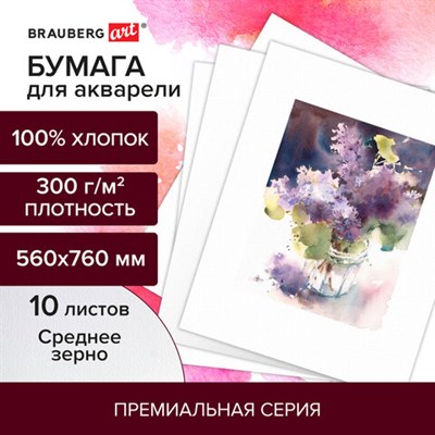 Бумага для акварели ХЛОПОК 100%, 300 г/м2, 560x760 мм, среднее зерно, 10 листов, BRAUBERG ART "PREMIERE", 113236 113236 - фото 49134586