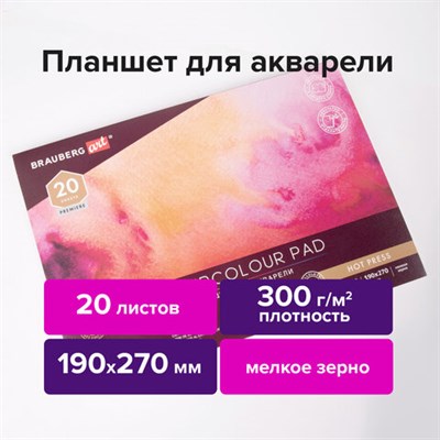 Папка для акварели/планшет, 300 г/м2, 190х270 мм, склейка, мелкое зерно, 20 л., BRAUBERG ART PREMIERE, 113246 113246 - фото 49135182