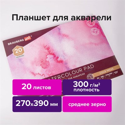 Папка для акварели/планшет, 300 г/м2, 270х390 мм, склейка, среднее зерно, 20 л., BRAUBERG ART PREMIERE, 113248 113248 - фото 49135226