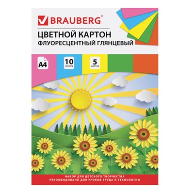 Картон цветной А4 МЕЛОВАННЫЙ (глянцевый), ФЛУОРЕСЦЕНТНЫЙ, 10 листов 5 цветов, в папке, BRAUBERG, 200х290 мм, "Лето", 129918 129918 - фото 49153261