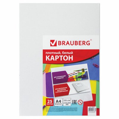 Картон белый А4 МЕЛОВАННЫЙ (белый оборот), 25 листов, BRAUBERG, 210х297 мм, 124021 124021 - фото 49153426