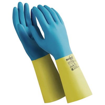 Перчатки латексно-неопреновые MANIPULA "Союз", хлопчатобумажное напыление, размер 8-8,5 (M), синие/желтые, LN-F-05 - фото 49163525