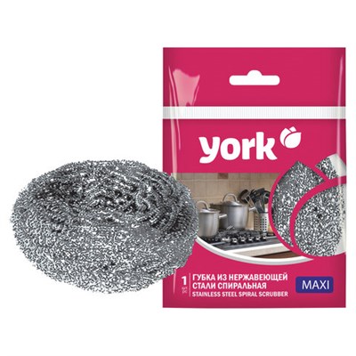 Губка (мочалка) XL, 8х8х4 см, для посуды металлическая, СРЕДНЯЯ, спиральная, 27 г, нержавеющая сталь, YORK, 2010 - фото 49164309