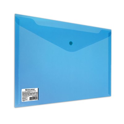 Папка-конверт с кнопкой BRAUBERG, А4, до 100 листов, прозрачная, синяя, СВЕРХПРОЧНАЯ 0,18 мм, 224813 - фото 49182159
