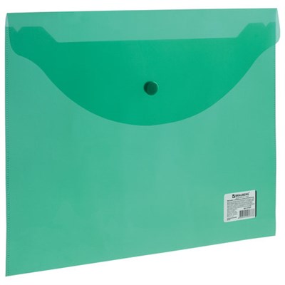 Папка-конверт с кнопкой BRAUBERG, А4, до 100 листов, прозрачная, зеленая, 0,15 мм, 221635 - фото 49182186