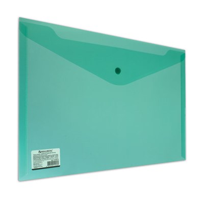 Папка-конверт с кнопкой BRAUBERG, А4, до 100 листов, прозрачная, зеленая, СВЕРХПРОЧНАЯ 0,18 мм, 224810 - фото 49182212
