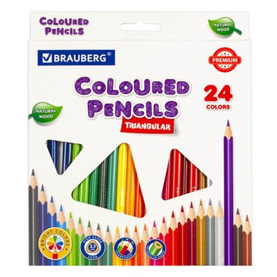 Карандаши цветные BRAUBERG PREMIUM, 24 цвета, трехгранные, грифель 3,3 мм, 181653 - фото 49187637