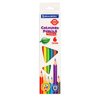 Карандаши цветные BRAUBERG PREMIUM, 6 цветов, трехгранные, грифель 3,3 мм, 181650 - фото 49187687