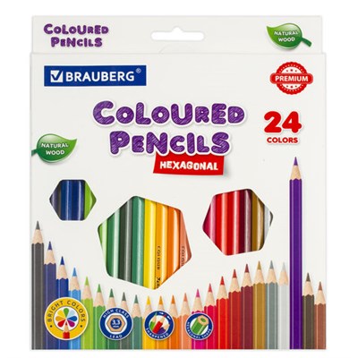 Карандаши цветные BRAUBERG PREMIUM, 24 цвета, шестигранные, грифель 3,3 мм, 181658 - фото 49187701
