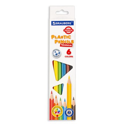 Карандаши цветные BRAUBERG PREMIUM, 6 цветов, пластиковые, трехгранные, грифель 3 мм, 181660 - фото 49187715