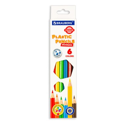 Карандаши цветные BRAUBERG PREMIUM, 6 цветов, пластиковые, шестигранные, грифель 3 мм, 181665 - фото 49187812