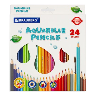 Карандаши цветные акварельные BRAUBERG PREMIUM AQUARELLE, 24 цвета, грифель 4 мм, 181673 - фото 49187873