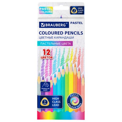 Карандаши цветные BRAUBERG PASTEL, 12 пастельных цветов, трёхгранные, грифель 3 мм, 181850 - фото 49187974