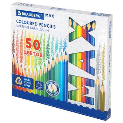 Карандаши цветные супермягкие яркие трехгранные BRAUBERG MAX, 50 цветов, грифель мягкий 3,3 мм, 181860 - фото 49187980