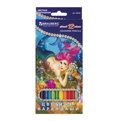 Карандаши цветные BRAUBERG "Морские легенды", 12 цв., заточенные, картонная упаковка с блестками, 180538 - фото 49188257