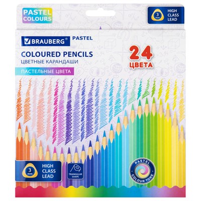 Карандаши цветные BRAUBERG PASTEL, 24 пастельных цвета, трёхгранные, грифель 3 мм, 181851 - фото 49188292