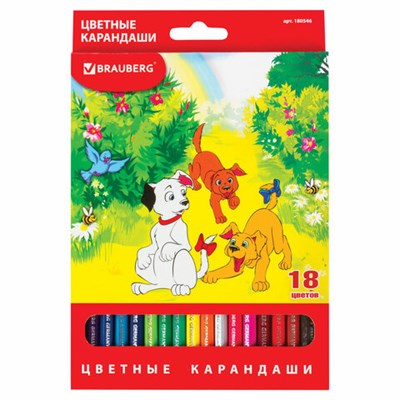 Карандаши цветные BRAUBERG "My lovely dogs", 18 цветов, заточенные, картонная упаковка, 180546 - фото 49188305