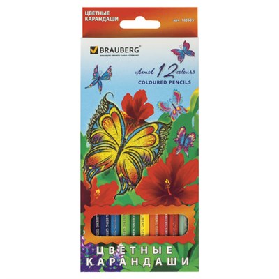 Карандаши цветные BRAUBERG "Wonderful butterfly", 12 цветов, заточенные, картонная упаковка с блестками, 180535 - фото 49188421