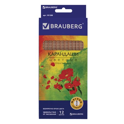 Карандаши цветные BRAUBERG "Цветы", 12 цветов, трехгранные, лакированные, грифель 3 мм, натуральное дерево, 181288 181288 - фото 49188685