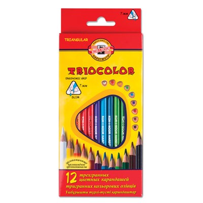 Карандаши цветные KOH-I-NOOR "Triocolor", 12 цветов, трехгранные, грифель 3,2 мм, европодвес, 3132012004KSRU - фото 49189360
