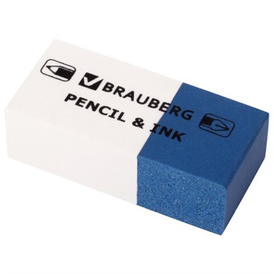 Ластик BRAUBERG "PENCIL & INK", 39х18х12 мм, для ручки и карандаша, бело-синий, 229578 - фото 49189479