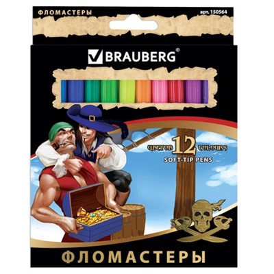 Фломастеры BRAUBERG "Корсары", 12 цветов, вентилируемый колпачок, картонная упаковка с золотистым тиснением, 150564 - фото 49208167