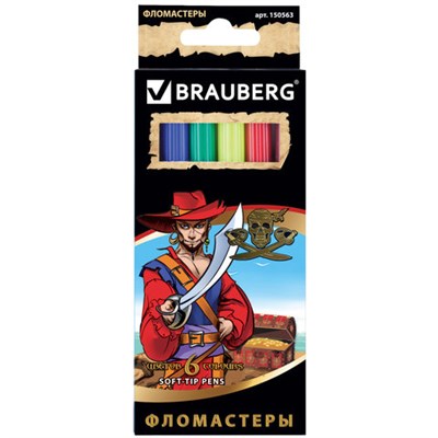 Фломастеры BRAUBERG "Корсары", 6 цветов, вентилируемый колпачок, картонная упаковка с золотистым тиснением, 150563 - фото 49208384