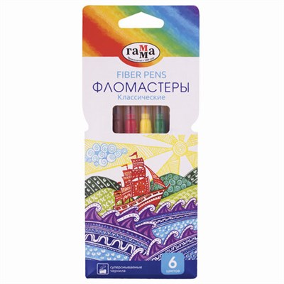 Фломастеры ГАММА "Классические", 6 цветов, вентилируемый колпачок, картонная упаковка, 180319_09 - фото 49208631