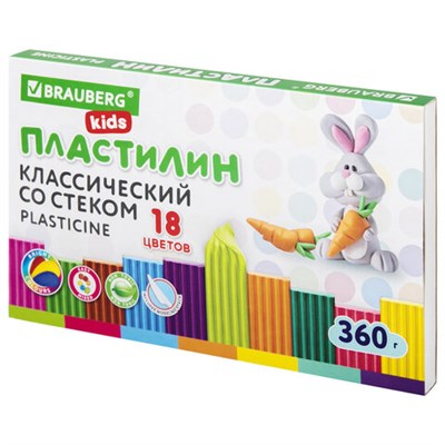 Пластилин классический BRAUBERG KIDS, 18 цветов, 360 г, со стеком, 106510 106510 - фото 49216647