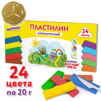 Пластилин классический ЮНЛАНДИЯ "ВЕСЁЛЫЙ ШМЕЛЬ", 24 цвета, 480 грамм, стек, ВЫСШЕЕ КАЧЕСТВО, 106433 - фото 49216960