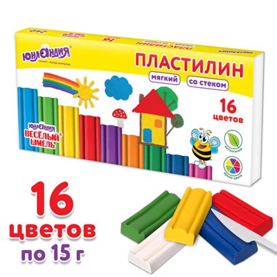 Пластилин мягкий ЮНЛАНДИЯ "ВЕСЕЛЫЙ ШМЕЛЬ", 16 цветов, 240 г, СО СТЕКОМ, 106673 - фото 49217014