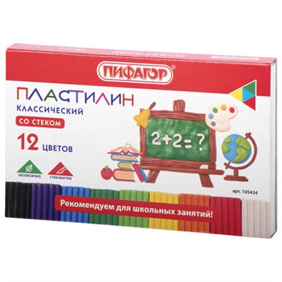 Пластилин классический ПИФАГОР ШКОЛЬНЫЙ, 12 цветов, 180 г, со стеком, 105434 105434 - фото 49217140