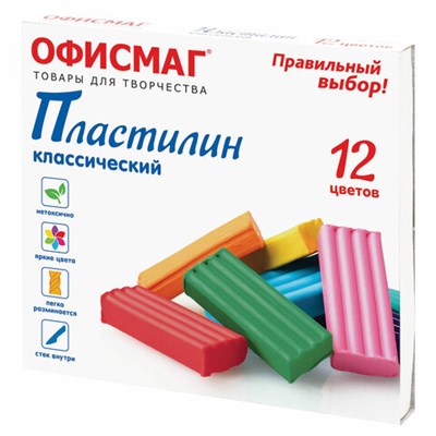 Пластилин классический ОФИСМАГ, 12 цветов, 240 г, СО СТЕКОМ, 106677 - фото 49217225