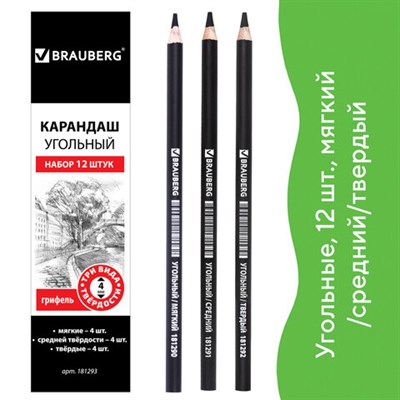 Карандаши (НАБОР 12 штук) угольные BRAUBERG ART CLASSIC, (МЯГКИЙ, СРЕДНИЙ, ТВЕРДЫЙ), 181293 181293 - фото 49224058