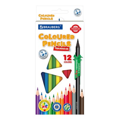 Карандаши цветные пластиковые, BRAUBERG PREMIUM 12 цветов + 1 чернографитный карандаш, трехгранный корпус, грифель 3 мм, 181936 - фото 49452921