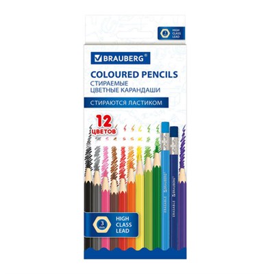 Карандаши цветные стираемые с ластиком BRAUBERG ERASABLE, 12 цветов, мягкий грифель 3 мм, 181932 - фото 49823456